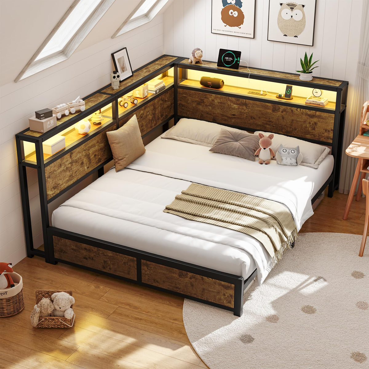 Queen Corner Bed Frame with Storage Headboard and Charging Station L596