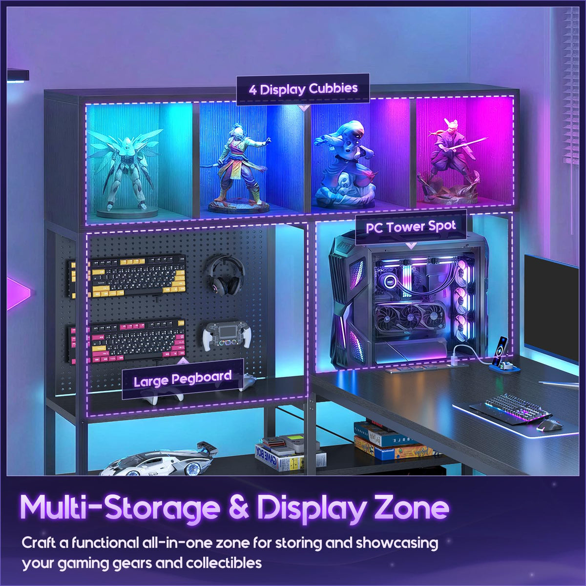 63" L Shaped Gaming Desk with Display Hutch S3140