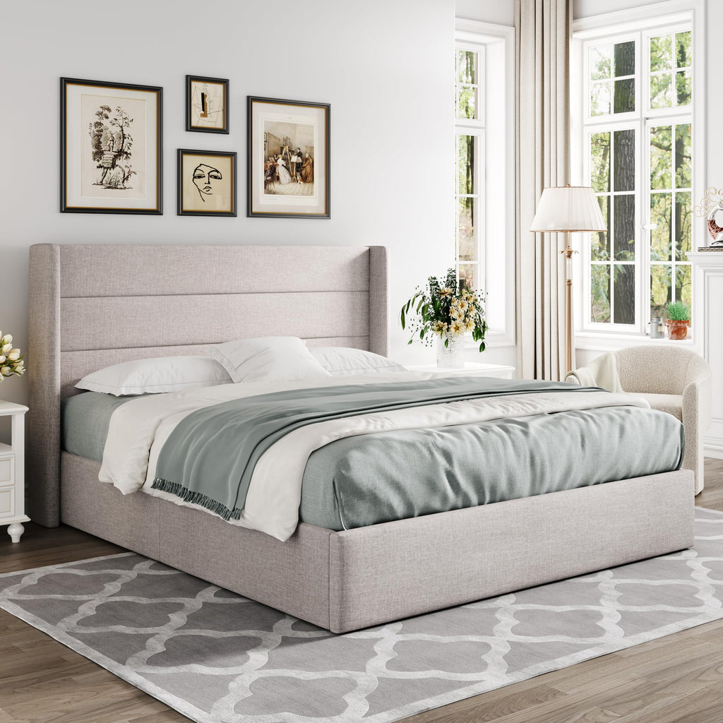 Queen Size Lift Up Storage Bed Frame Light Beige A86070