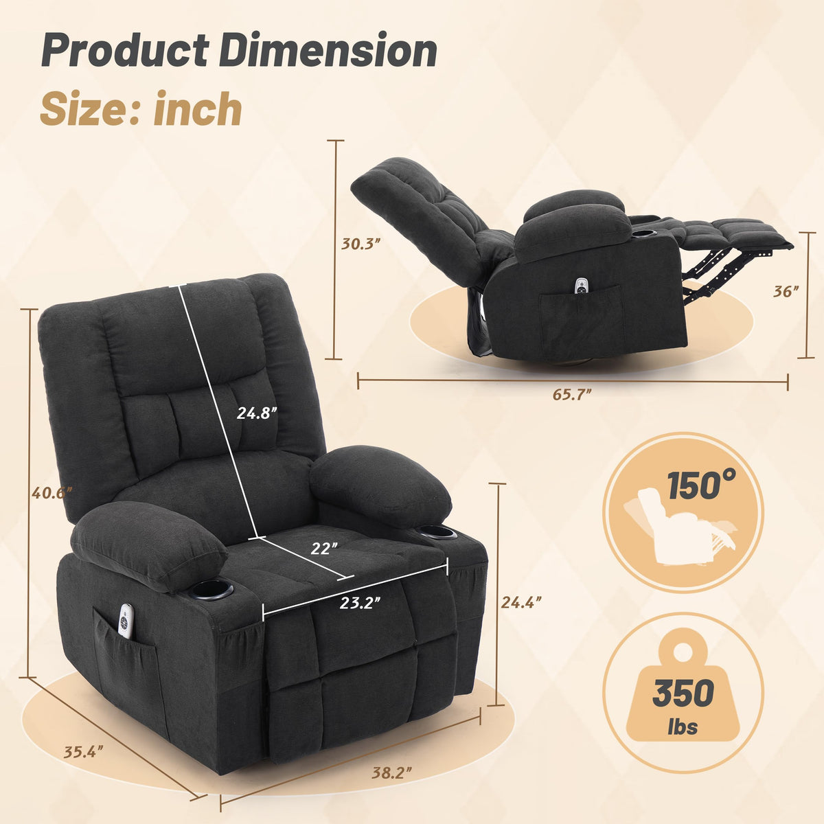 Oversized Swivel Rocker Recliner Chair with Massage & Heat, Black Z8097