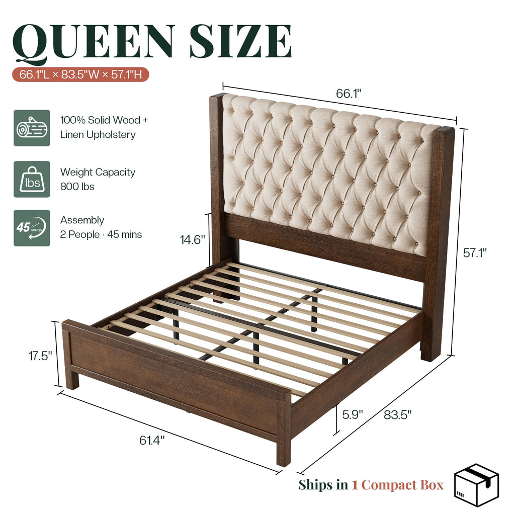 Queen Size Solid Wood Bed Frame with Wingback Headboard A15916