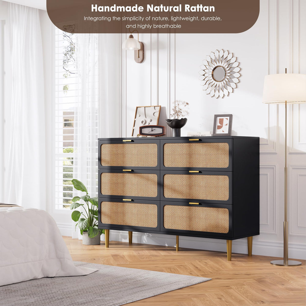 Black Rattan 6 Drawer Dresser R432