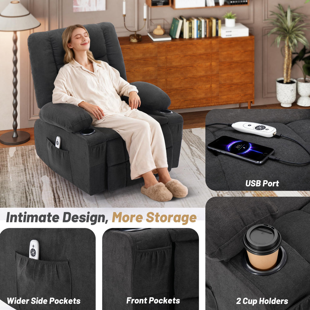 Oversized Swivel Rocker Recliner Chair with Massage & Heat, Black Z8097