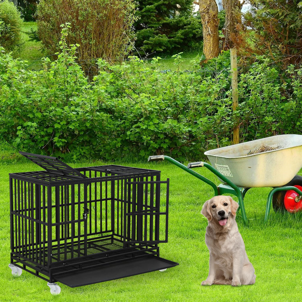 48 Inch Heavy Duty Dog Crate with Plastic Tray Double Doors B203095
