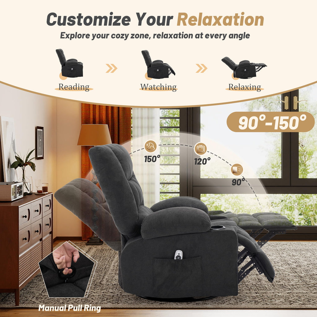 Oversized Swivel Rocker Recliner Chair with Massage & Heat, Black Z8097
