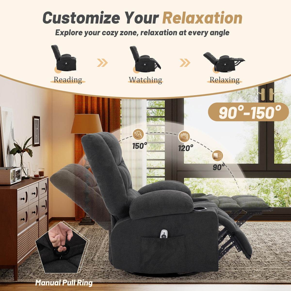 Oversized Swivel Rocker Recliner Chair with Massage & Heat, Black Z8097