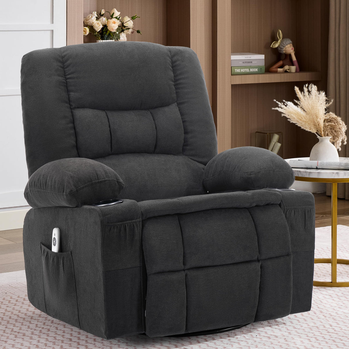 Oversized Swivel Rocker Recliner Chair with Massage & Heat, Black Z8097