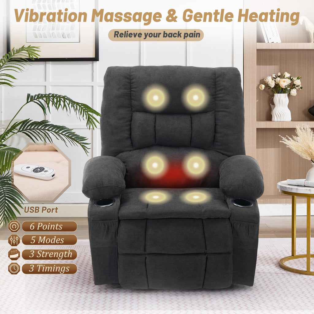 Oversized Swivel Rocker Recliner Chair with Massage & Heat, Black Z8097