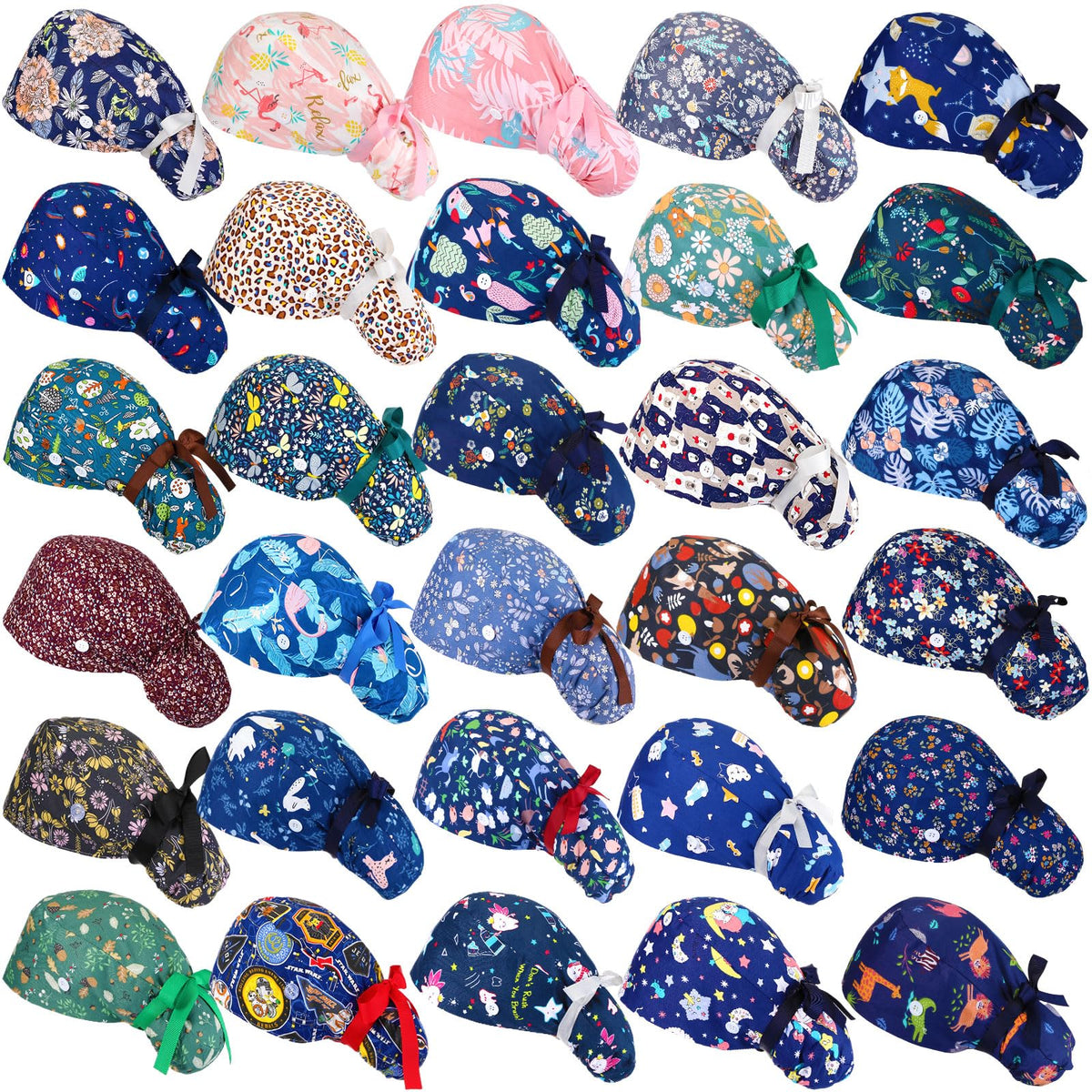 30 Pcs Scrub Caps with Buttons and Ribbon B68096