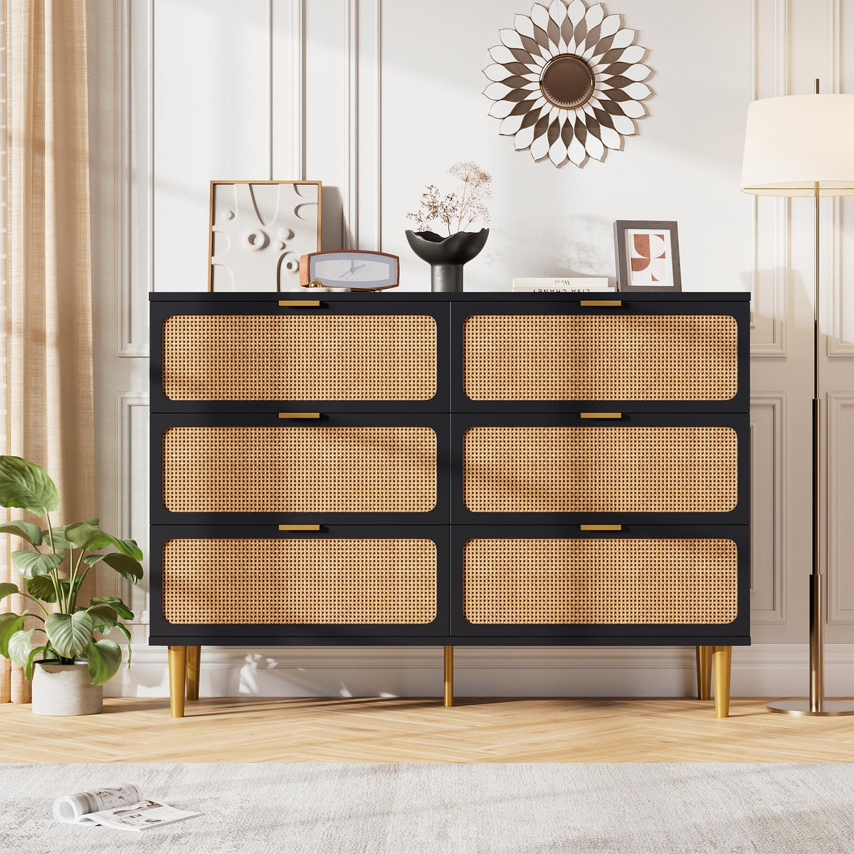 Black Rattan 6 Drawer Dresser R432
